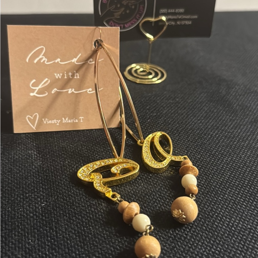 Gold and Brown Beaded Hoop Earrings by Viesty Maria T